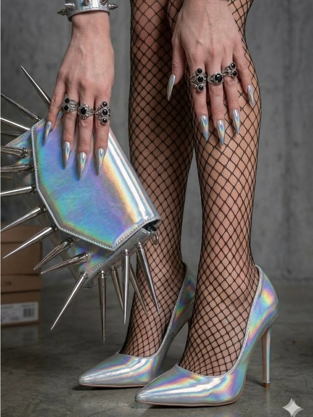 Holographic Pointed-Toe Stiletto Pumps - Iridescent Silver